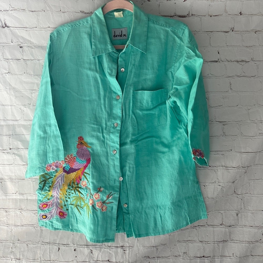 David N 100% Linen Seafoam Green Embroidered Colorful Peacock Blouse L